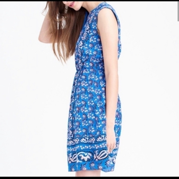 J. Crew Border Print Vibrant Blue Silk Dress Sz 2 - Picture 2 of 13